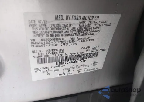 2013 Lincoln Mks z USA, uszkodzony, nr VIN 1LNHL9DKXDG607736